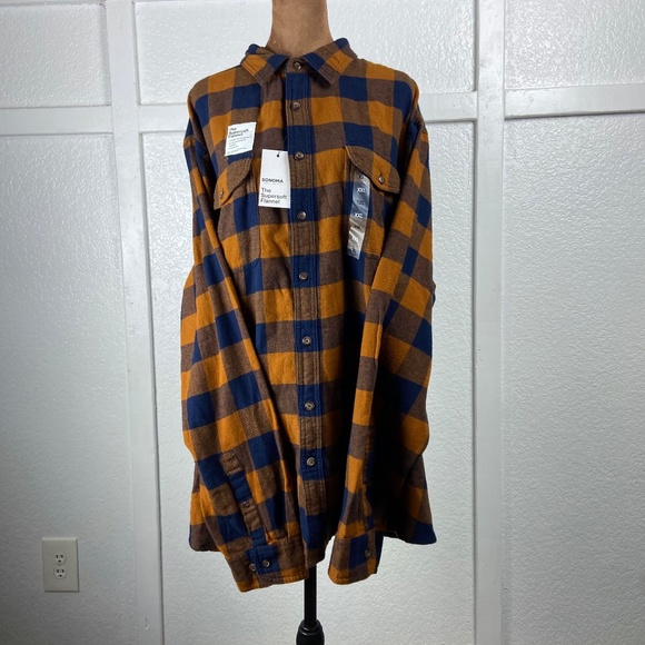 Sonoma The Super Soft Flannel Shirt XXL Orange Blue Plaid 100% Cotton NWT - Picture 1 of 8